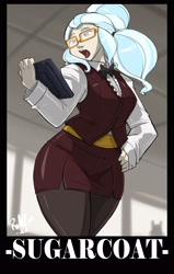 Size: 1835x2891 | Tagged: safe, artist:shonuff44, derpibooru import, sugarcoat, human, clothes, female, glasses, hand on hip, high res, humanized, open mouth, secretary, solo, text