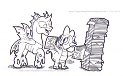 Size: 1289x797 | Tagged: safe, artist:artistnjc, derpibooru import, spike, thorax, changeling, dragon, comic book, monochrome, open mouth, sharing, smiling