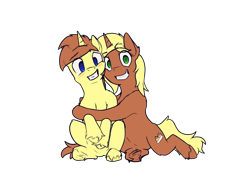 Size: 4000x3000 | Tagged: safe, artist:toanderic, derpibooru import, oc, oc only, oc:cream pie, oc:sugar pie, pony, unicorn, 2021 community collab, blushing, derpibooru community collaboration, grin, high res, hugging a pony, nervous, nervous grin, siblings, simple background, sitting, smiling, transparent background
