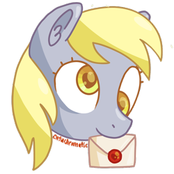 Size: 1200x1200 | Tagged: safe, artist:catachromatic, derpibooru exclusive, derpibooru import, derpy hooves, pegasus, pony, cute, digital art, heart eyes, letter, mouth hold, simple background, smiling, solo, transparent background, wax seal, wingding eyes