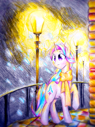 Size: 1920x2560 | Tagged: safe, artist:stardust0130, derpibooru import, starlight glimmer, pony, unicorn, beautiful, clothes, lamppost, lantern, night, scarf, snow, solo, traditional art, winter