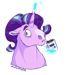 Size: 1500x1701 | Tagged: safe, artist:owlcoholik, derpibooru import, starlight glimmer, pony, bust, coffee, hoers, magic, mug, portrait, simple background, solo, transparent background