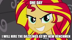 Size: 888x499 | Tagged: safe, derpibooru import, edit, edited screencap, screencap, sunset shimmer, equestria girls, equestria girls (movie), caption, evil grin, female, grin, image macro, imgflip, smiling, solo, text