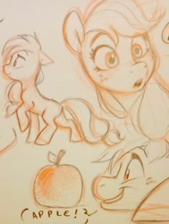 Size: 1546x2048 | Tagged: safe, artist:imalou, derpibooru import, applejack, big macintosh, earth pony, pony, apple, female, food, freckles, male, simple background, sketch, smiling, surprised, that pony sure does love apples, traditional art