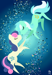 Size: 1800x2600 | Tagged: safe, artist:dawn-designs-art, derpibooru import, bon bon, lyra heartstrings, sweetie drops, earth pony, pony, unicorn, abstract, abstract art, abstract background, commissions open, duo, eyes closed, female, floating, lesbian, lyrabon, minimalist, modern art, shipping
