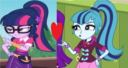 Size: 2800x1500 | Tagged: safe, derpibooru import, edit, edited screencap, screencap, sci-twi, sonata dusk, twilight sparkle, better together, equestria girls, rainbow rocks, sunset's backstage pass!, female, heart, lesbian, sci-twinata, shipping, shipping domino, twinata