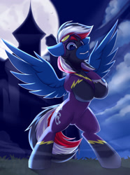 Size: 1750x2350 | Tagged: safe, artist:shadowreindeer, derpibooru import, oc, oc only, oc:cobalt de, pegasus, pony, bipedal, clothes, commission, costume, goggles, moon, night, rearing, shadowbolts, shadowbolts costume, solo, spread wings, wings, ych result, your character here