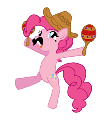 Size: 900x1012 | Tagged: safe, artist:nikkydash, derpibooru import, pinkie pie, earth pony, pony, bipedal, facial hair, fiesta, maracas, moustache, musical instrument, simple background, solo, sombrero, standing, standing on one leg, transparent background, vector