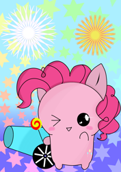 Size: 1000x1414 | Tagged: artist needed, source needed, safe, derpibooru import, pinkie pie, earth pony, pony, blushing, candy, chibi, cute, diapinkes, food, lollipop, one eye closed, open mouth, party cannon, solo, wink