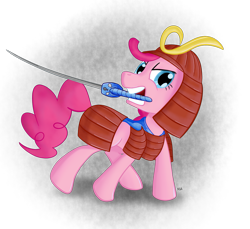 Size: 1177x1080 | Tagged: safe, artist:nuclearsuplexattack, derpibooru import, pinkie pie, earth pony, pony, armor, mouth hold, samurai, solo, sword, weapon