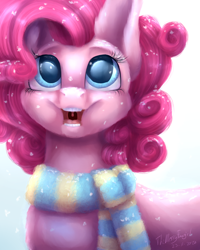 Size: 4000x5000 | Tagged: safe, artist:themessyfangirl, derpibooru import, pinkie pie, earth pony, pony, clothes, colored pupils, cute, diapinkes, open mouth, scarf, snow, snowfall, solo, winter