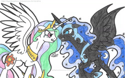 Size: 1681x1053 | Tagged: safe, artist:artistnjc, derpibooru import, nightmare moon, princess celestia, alicorn, pony, crying, determination, fight, good vs evil, gritted teeth, horn, horns are touching, looking at each other, narrowed eyes, raised hoof, spread wings, tears of sadness, wings