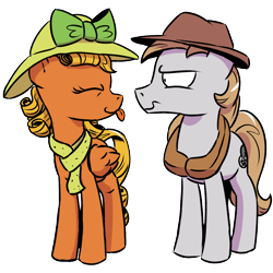Size: 1200x1200 | Tagged: safe, artist:pony-berserker, derpibooru import, oc, oc only, oc:longhaul, oc:southern comfort, 2021 community collab, bow, clothes, derpibooru community collaboration, hat, horse collar, scarf, simple background, tongue out, transparent background, unamused