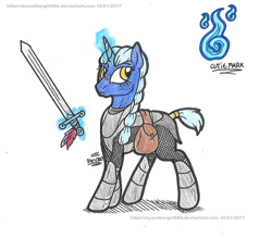 Size: 1359x1189 | Tagged: safe, artist:artistnjc, derpibooru import, oc, oc:lady willow wisp, pony, unicorn, armor, bag, braid, cutie mark, dungeons and dragons, levitation, magic, magic aura, ogres and oubliettes, saddle bag, solo, sword, telekinesis, weapon