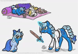 Size: 1524x1057 | Tagged: safe, artist:artistnjc, derpibooru import, oc, oc:lady willow wisp, pony, unicorn, braided tail, determined look, dungeons and dragons, female, filly, foal, levitation, magic, ogres and oubliettes, solo, stuffed animals, teenager, telekinesis, toy, wooden sword