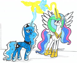 Size: 1969x1629 | Tagged: safe, artist:artistnjc, derpibooru import, princess celestia, princess luna, alicorn, phoenix, pony, wolf, ethereal, glowing horn, happy, horn, magic, magic aura, open mouth, sibling bonding, smiling, spread wings, wings