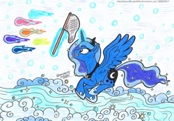 Size: 2157x1513 | Tagged: safe, artist:artistnjc, derpibooru import, princess luna, alicorn, pony, butterfly net, chase, clenched teeth, dream realm, dream walker luna, newbie artist training grounds, panicking, solo, spread wings, wings