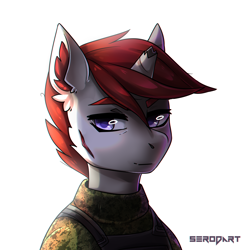 Size: 1300x1300 | Tagged: safe, artist:serodart, derpibooru import, oc, unicorn, broken horn, bust, commission, horn, male, portrait