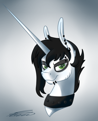 Size: 883x1080 | Tagged: safe, artist:crystalcontemplator, derpibooru import, oc, oc only, pony, unicorn, bust, choker, ear piercing, gradient background, horn, makeup, piercing, signature, solo, unicorn oc