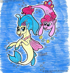 Size: 1492x1564 | Tagged: safe, artist:artistnjc, derpibooru import, pinkie pie, princess skystar, seapony (g4), my little pony: the movie, friendship, looking at each other, seaponified, seapony pinkie pie, seashell necklace, smiling, species swap, underwater