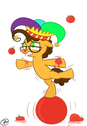 Size: 1100x1600 | Tagged: safe, artist:rem-ains, derpibooru import, cheese sandwich, earth pony, pony, abuse, balancing, ball, bipedal, colt, food, male, simple background, solo, tomato, transparent background, younger