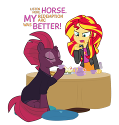 Size: 1200x1260 | Tagged: safe, artist:dm29, derpibooru import, sunset shimmer, tempest shadow, unicorn, equestria girls, broken horn, cupcake, drinking, eye scar, eyes closed, food, horn, open mouth, pillow, pointing at self, redemption, scar, simple background, table, tea, transparent background