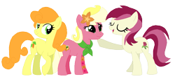 Size: 953x435 | Tagged: safe, artist:acuteexposure, artist:box-of-ideas, artist:selenaede, derpibooru import, carrot top, golden harvest, roseluck, oc, oc:floral fragrance (ice1517), earth pony, pony, base used, carrotluck, clothes, commission, eyes closed, family, female, flower, flower in hair, icey-verse, lesbian, magical lesbian spawn, mare, mother and child, mother and daughter, offspring, open mouth, parent and child, parent:carrot top, parent:roseluck, parents:carrotluck, raised hoof, scarf, shipping, simple background, solo, tattoo, transparent background
