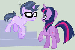 Size: 1060x712 | Tagged: safe, artist:jadethepegasus, derpibooru import, microchips, sci-twi, twilight sparkle, pony, unicorn, equestria girls, butt, equestria girls ponified, female, looking at each other, male, microlight, ponified, shipping, stairs, straight, twibutt, unicorn sci-twi