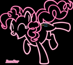 Size: 3510x3120 | Tagged: safe, artist:rose5tar, derpibooru import, pinkie pie, earth pony, pony, black background, eyes closed, neon, simple background, solo, standing, standing on one leg