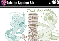 Size: 800x563 | Tagged: safe, artist:sintakhra, derpibooru import, ocellus, sandbar, changedling, changeling, pony, tumblr:studentsix, annoyed, cpu, cpu usage, cute, diaocelles, duo, hmm, hoof on chin, jenga, nose in the air, post-it, spread hooves, text, tongue out, volumetric mouth
