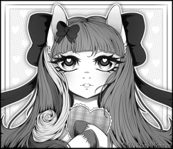 Size: 1371x1179 | Tagged: safe, artist:the-star-hunter, derpibooru import, oc, earth pony, pony, bow, bust, clothes, earth pony oc, eyelashes, grayscale, hair bow, heart eyes, monochrome, smiling, solo, unshorn fetlocks, wingding eyes