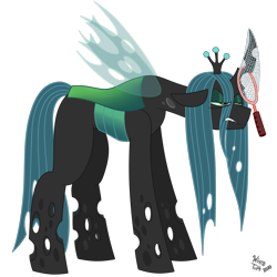 Size: 1620x1620 | Tagged: safe, artist:wispy tuft, derpibooru import, queen chrysalis, changeling, changeling queen, pony, bug net, cheeselegs, crown, jewelry, long legs, png, regalia, silly, simple background, solo, transparent background, villian, waifu