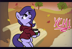 Size: 1536x1050 | Tagged: safe, artist:lannielona, derpibooru import, pony, advertisement, autumn, bench, bush, clothes, coffee, coffee cup, commission, cup, grass, hoodie, hoof hold, hot drink, leaves, path, sky, smiling, solo, tree, your character here