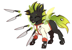 Size: 1342x932 | Tagged: safe, artist:ocelly, derpibooru import, oc, oc only, oc:karl the changeling, changeling, chef, chef knife, chef outfit, green changeling, happy, knife, male, scar, simple background, solo, thermometer, threatening, transparent background