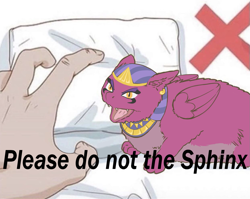 Size: 1241x988 | Tagged: safe, artist:wispy tuft, derpibooru import, sphinx (character), sphinx, egyptian, hand, headdress, hissing, jewelry, meme, offscreen character, pillow, please do not the cat, wings