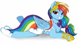 Size: 3804x2126 | Tagged: safe, artist:nijidashiey7, derpibooru import, rainbow dash, pegasus, pony, clothes, dress, female, gala dress, high res, lying down, mare, prone, rainbow dash always dresses in style, simple background, smiling, solo, white background