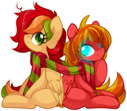 Size: 1146x1000 | Tagged: safe, artist:loyaldis, oc, oc only, oc:compu, oc:maple, pegasus, pony, robot, robot pony, back to back, clothes, commission, duo, female, females only, filly, pegasus oc, robot filly, scarf, simple background, sitting, transparent background, tulpa, white outline, wings