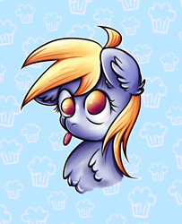 Size: 3114x3829 | Tagged: safe, artist:coco-drillo, derpibooru import, derpy hooves, pegasus, pony, :p, blepping, bust, chest fluff, colourful, cute, derp, diabetes, ear fluff, floppy ears, food, licking, muffin, outline, simple background, solo, tongue out