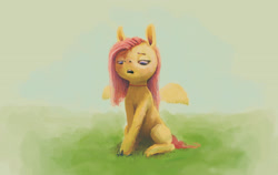 Size: 3080x1947 | Tagged: safe, artist:sharpieboss, derpibooru import, fluttershy, pegasus, pony, female, fluffy, grass, jewelry, looking down, mare, missing cutie mark, necklace, open mouth, sitting, solo, spread wings, wings