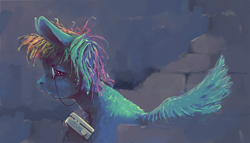 Size: 2150x1229 | Tagged: safe, artist:sharpieboss, derpibooru import, rainbow dash, pegasus, pony, brick wall, female, fluffy, mare, monocle, radio, solo, spread wings, wings