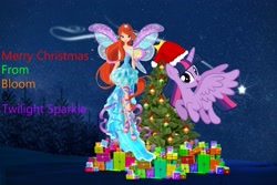 Size: 3000x2000 | Tagged: safe, artist:aaliyah_rosado, artist:frownfactory, artist:user15432, derpibooru import, twilight sparkle, twilight sparkle (alicorn), alicorn, human, pony, barely pony related, bloom (winx club), christmas, christmas card, christmas gift, christmas lights, christmas ornament, christmas ornaments, christmas presents, christmas star, christmas tree, crossover, decoration, fairy, fairy wings, gift box, harmonix, hat, holiday, merry christmas, night, ornament, ornaments, present, rainbow s.r.l, red hat, santa hat, shooting star, stars, tree, wings, winter, winx club