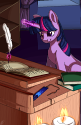 Size: 450x700 | Tagged: safe, artist:tigra0118, derpibooru import, twilight sparkle, unicorn twilight, pony, unicorn, book, candle, fire, levitation, magic, pixel art, quill, sitting, solo, telekinesis