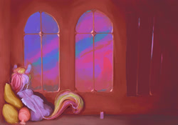 Size: 2923x2051 | Tagged: safe, artist:sharpieboss, derpibooru import, rainbow dash, pegasus, pony, curtains, facing away, female, mare, pillow, resting, room, sky, solo, window