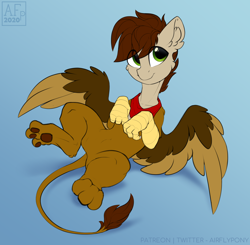 Size: 1800x1762 | Tagged: safe, artist:airfly-pony, derpibooru import, oc, oc only, oc:swango, griffon, hybrid, pony, eye clipping through hair, male, paws, smiling, spread wings, underpaw, wings