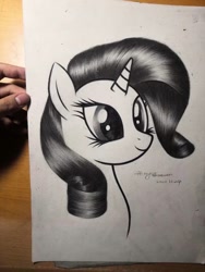 Size: 720x960 | Tagged: source needed, safe, artist:henry forewen, derpibooru import, rarity, pony, unicorn, grayscale, hand, monochrome, pencil drawing, photo, solo, traditional art