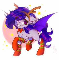 Size: 1357x1381 | Tagged: safe, artist:falafeljake, derpibooru import, oc, oc only, bat pony, pony, antlers, christmas, christmas stocking, holiday, simple background, solo, white background