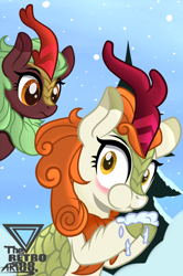 Size: 1500x2259 | Tagged: safe, artist:theretroart88, derpibooru import, autumn blaze, cinder glow, summer flare, kirin, eating, snow, snowfall, tree