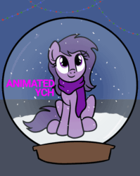 Size: 768x964 | Tagged: safe, artist:lannielona, derpibooru import, advertisement, animated, christmas, christmas lights, clothes, commission, female, gif, holiday, looking up, magic, mare, scarf, simple, sitting, snow, snow globe, solo, your character here
