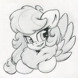 Size: 1496x1496 | Tagged: safe, artist:zemer, derpibooru import, oc, oc:feather belle, chest fluff, cute, fluffy, hair tie, monochrome, smiling, traditional art
