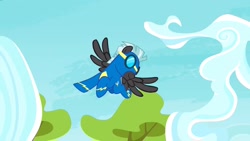 Size: 1280x720 | Tagged: safe, derpibooru import, screencap, thunderlane, pegasus, marks and recreation, clothes, flying, goggles, male, solo, spread wings, stallion, uniform, wings, wonderbolts, wonderbolts uniform